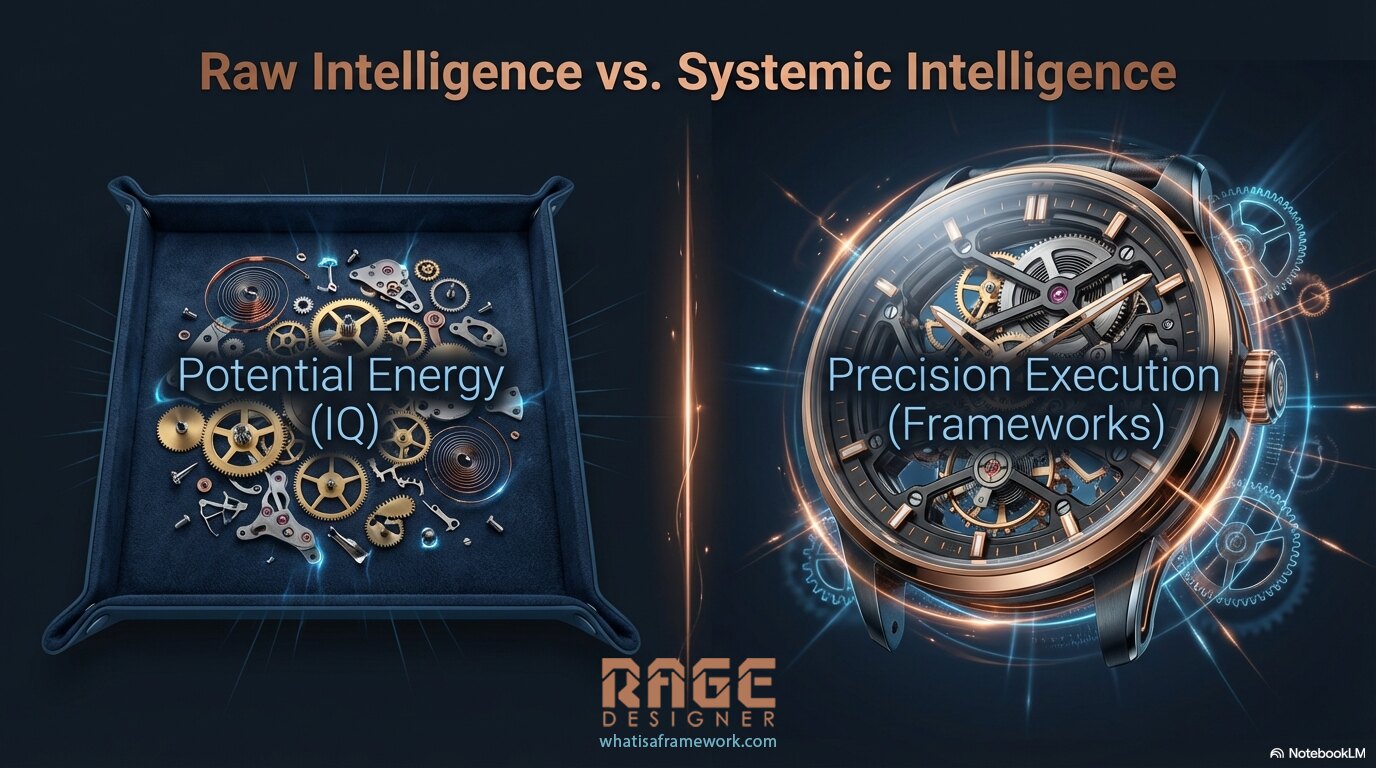 Raw Intelligence vs Systemic Intelligence - loose parts in a tray versus a precision-assembled mechanism